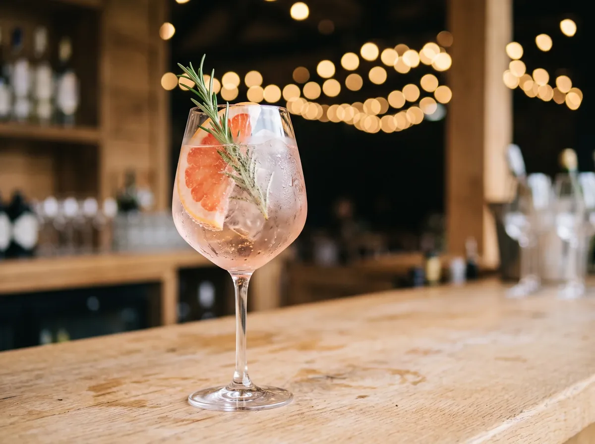Rosé-Spritz im Weinglas mit Grapefruit und Rosmarin