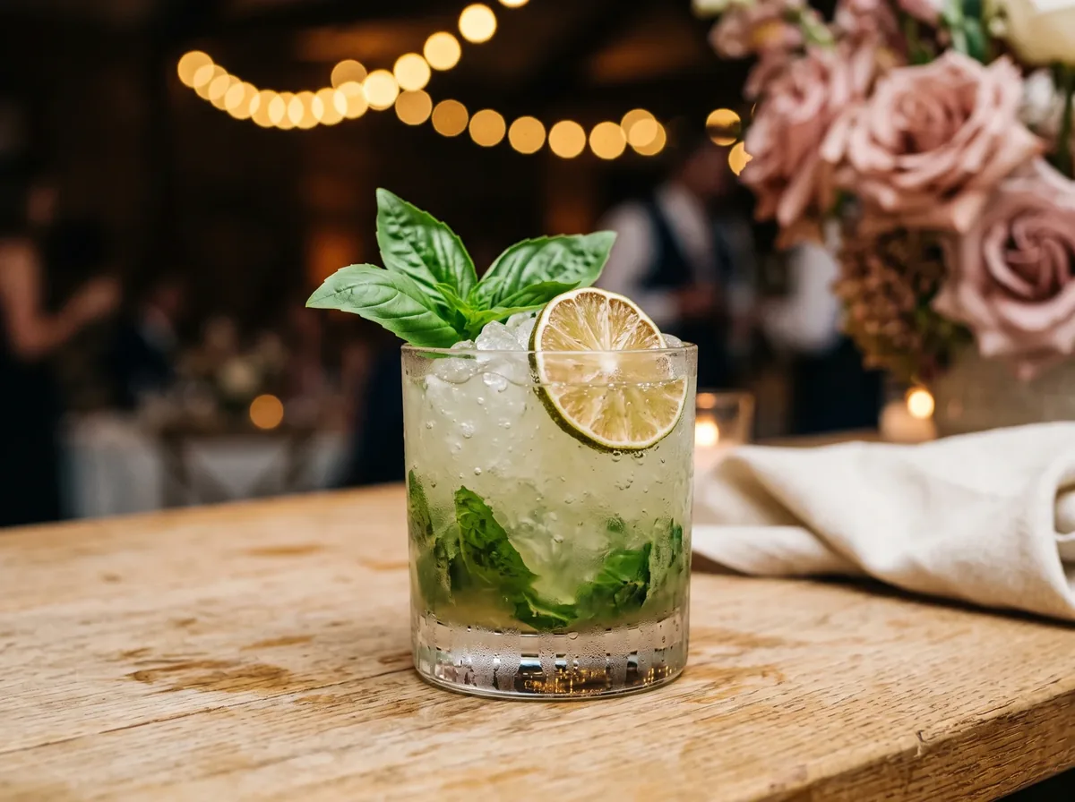 Gin-Basil-Drink im Tumbler mit Crushed Ice, Basilikum und Limettenscheibe