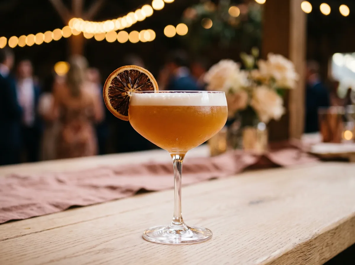 Bernsteinfarbener Sour mit Schaumkrone und getrockneter Orangenscheibe in der Cocktailschale