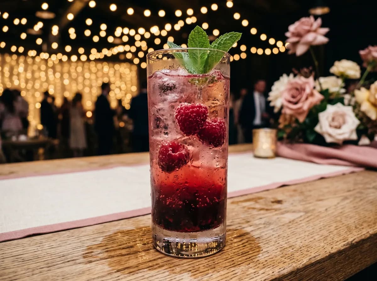 Beeren-Fizz im Longdrinkglas mit Himbeeren, Eis und Minze