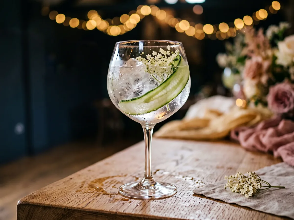 Holunder-Tonic im Ballonglas mit Gurkenstreifen und Holunderblüten