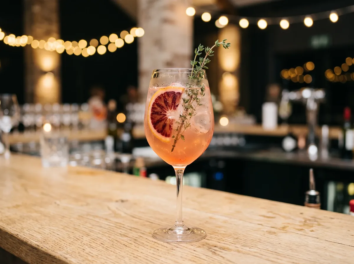 Alkoholfreier Zitrus-Cooler im Weinglas mit Blutorange und Thymian