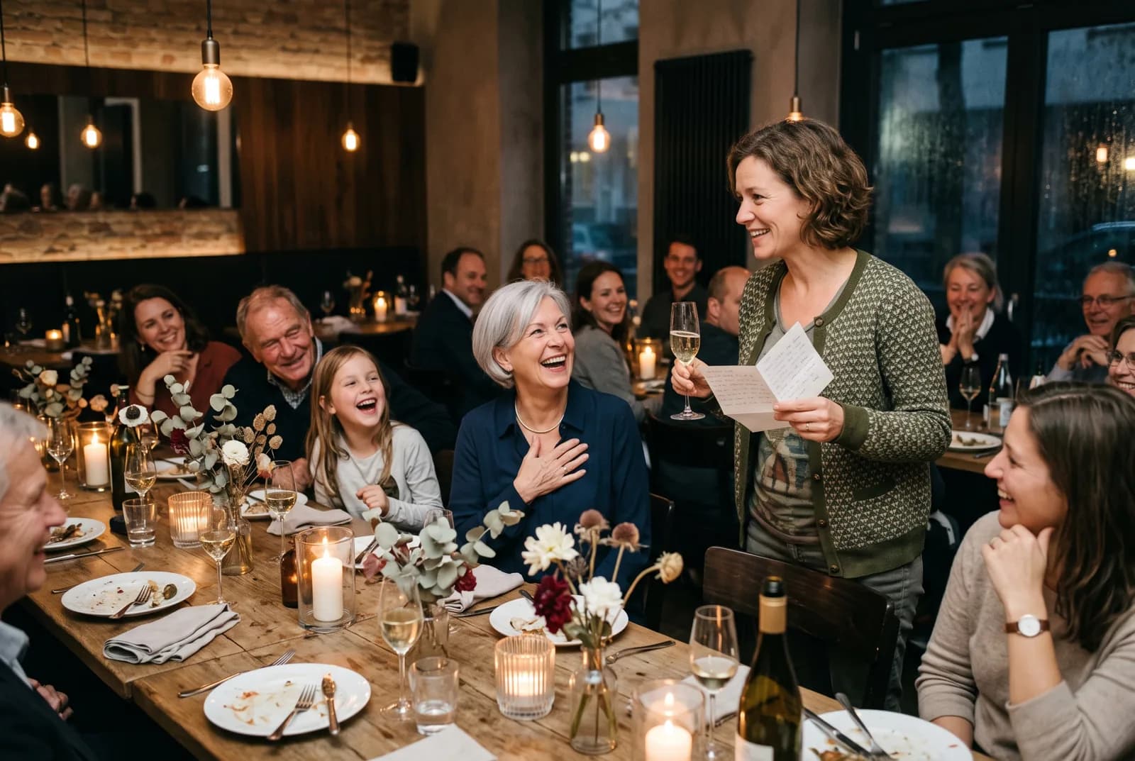 Eine Tochter hält beim 70. Geburtstag ihrer Mutter eine Rede, die Mutter und die Familie lachen